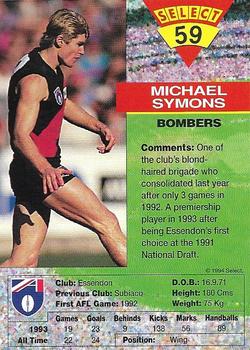 1994 Select AFL #59 Michael Symons Back